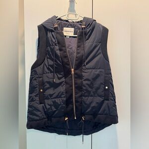 Country Road Quilted Hooded Vest in Navy with Gold Accents